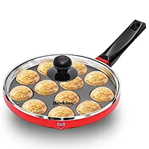 Hawkins 22 cm Appe Pan,  with Glass Lid, 12 Cups  Paniyarakkal Ceramic Pan, Litti Pan, Ponganalu Pan, Red (NAPE22G)