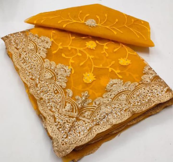 Women's Embroidered Work Net Fabric Saree with Unstitch Blouse Piece