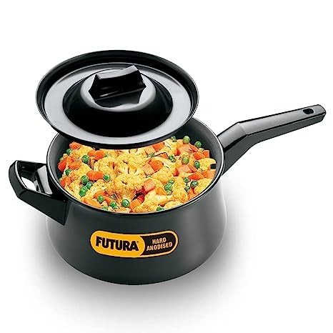 Hawkins Futura 3 Litre Handi, Hard Anodised Sauce Pan and Lid, Saucepan with a Short and a Long Handle, Biryani Handi, Black