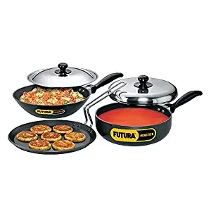 Hawkins Futura 3 Pieces Cookware Set 3 - Non Stick Flat Tava, All-Purpose Pan, Stir Fry Kadhai and Two Stainless Steel Lids, Black (NSET3)