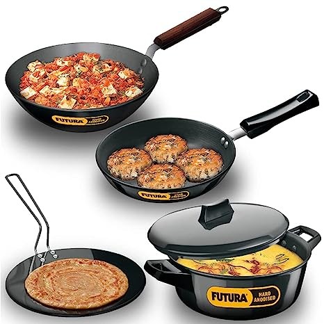 Hawkins Futura 4 Pieces Cookware Set 1 - Hard Anodised Tava, Frying Pan, Kadhai and Cook-n-Serve Bowl and One Hard Anodised Lid, Black (ASET1)