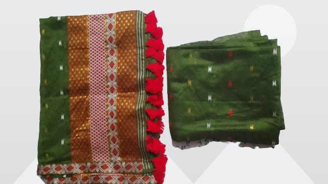 Green Assamese Mekhela Chador with Intricate Woven Patterns in Yellow, Red and White