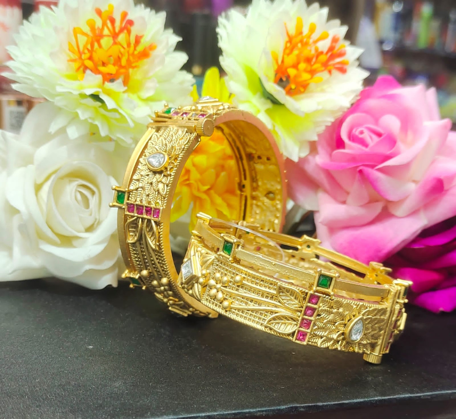 Screw Openable Set of 2 Traditional Stones Designer Gold Plated Kada Bangles