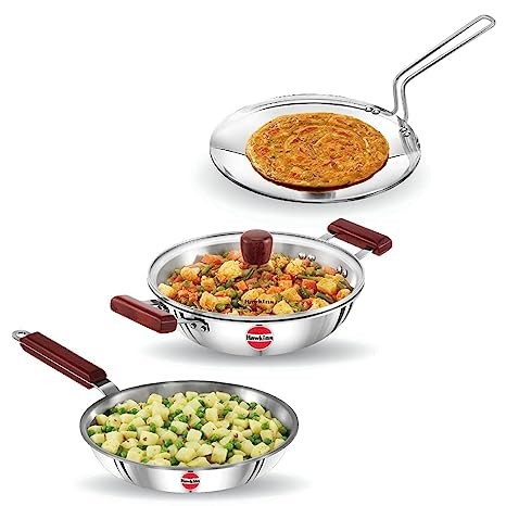 Hawkins Triniti 3 Pieces Triply Stainless Steel Cookware Set 1 - Frying Pan, Tava, Deep-Fry Pan with Glass Lid, Silver (SSET1)