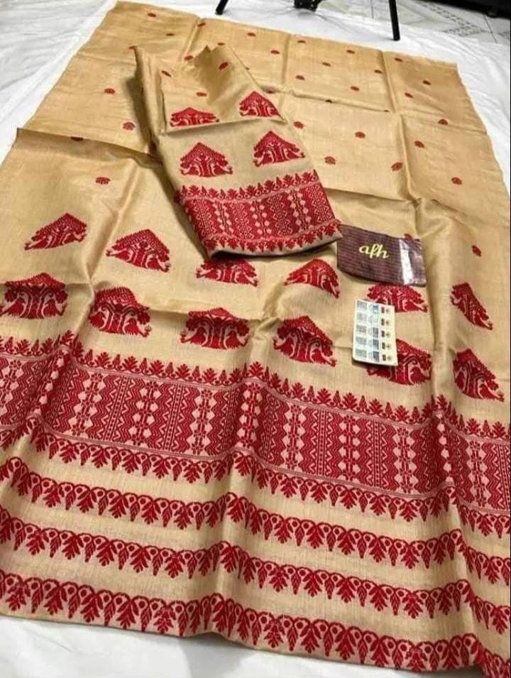 Pure Toss Muga Mekhala Sador Saree With Blouse Piece