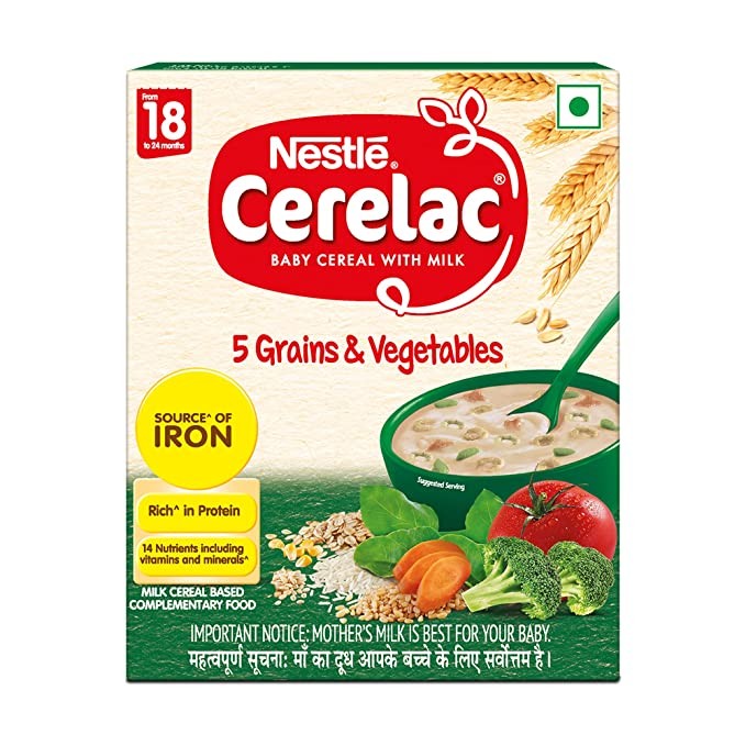 Nestle Cerelac Baby Cereal with Milk , 5 Grains & Vegetables ,Stage 5, From 18 to 24 Months , Source of Iron & Protein , 300g