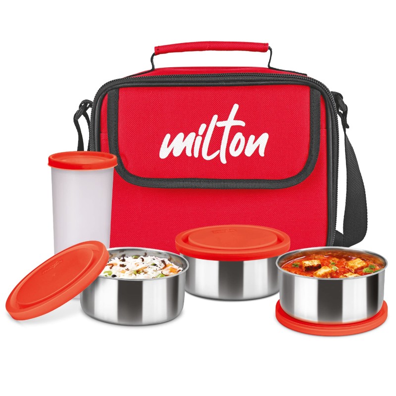 Milton Steel Combi Lunch Box (3 containers and 1 Tumbler), 4 - Pieces Set, Red,Cyan,Blue,Black