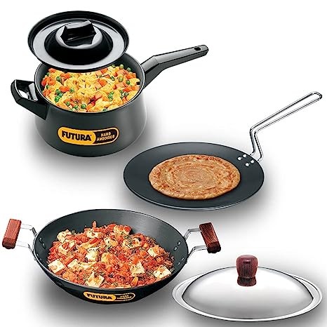 Hawkins Futura 3 Pieces Cookware Set 3 - Hard Anodised Tava, Kadhai and Handi Saucepan with One Hard Anodised Lid and One Stainless Steel Lid, Black (ASET3)
