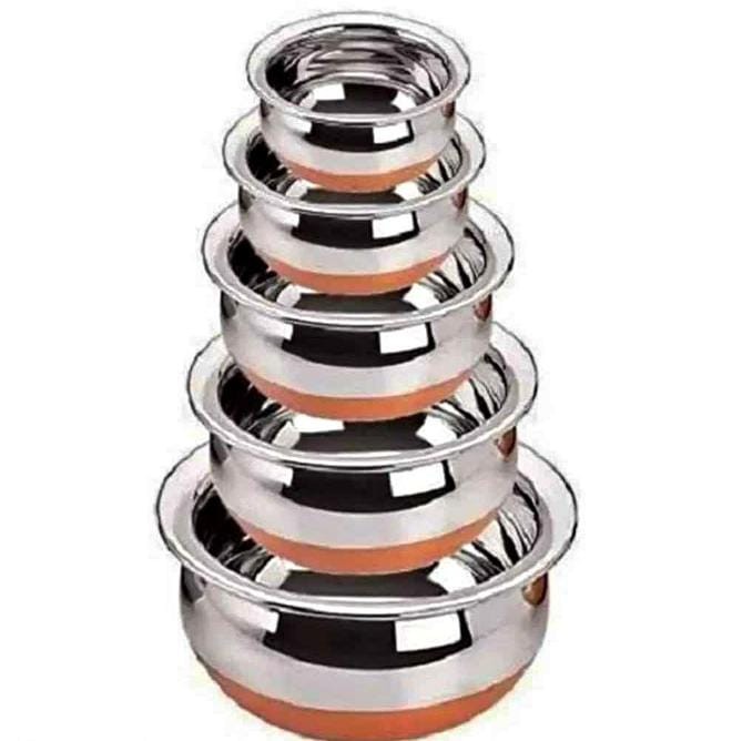 Stainless Steel Copper Bottom Handi, Cooking Serving Bowl, Cookware Set of 5 Pieces with lid Size: 0.500L, 0.750L, 1.000L, 1.500L, 2.000L (Copper, Stainless Steel, Non-Stick)