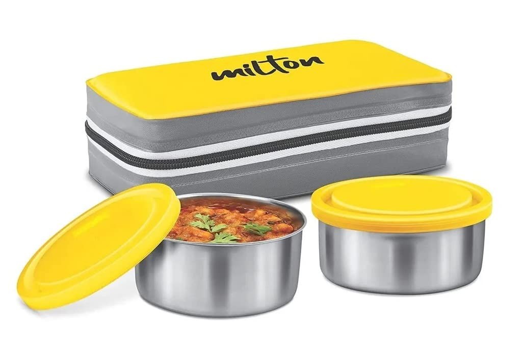 Milton Pasto Lunch Box 2 Double Wall Stainless Steel Containers with Denim Insulated Jacket, Set of 2, 350 ml