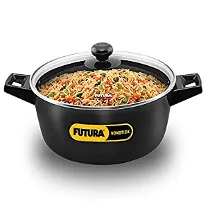 Hawkins Futura  Cook n Serve Bowl, Non Stick Saucepan with Glass Lid, Sauce Pan for Cooking and Serving, Black